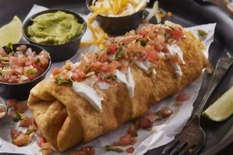 fried burrito on plate with salsa, guacamole, and cheese 
