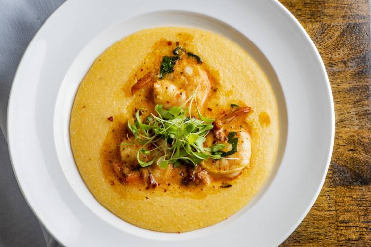 aerial view of shrimp and grits 